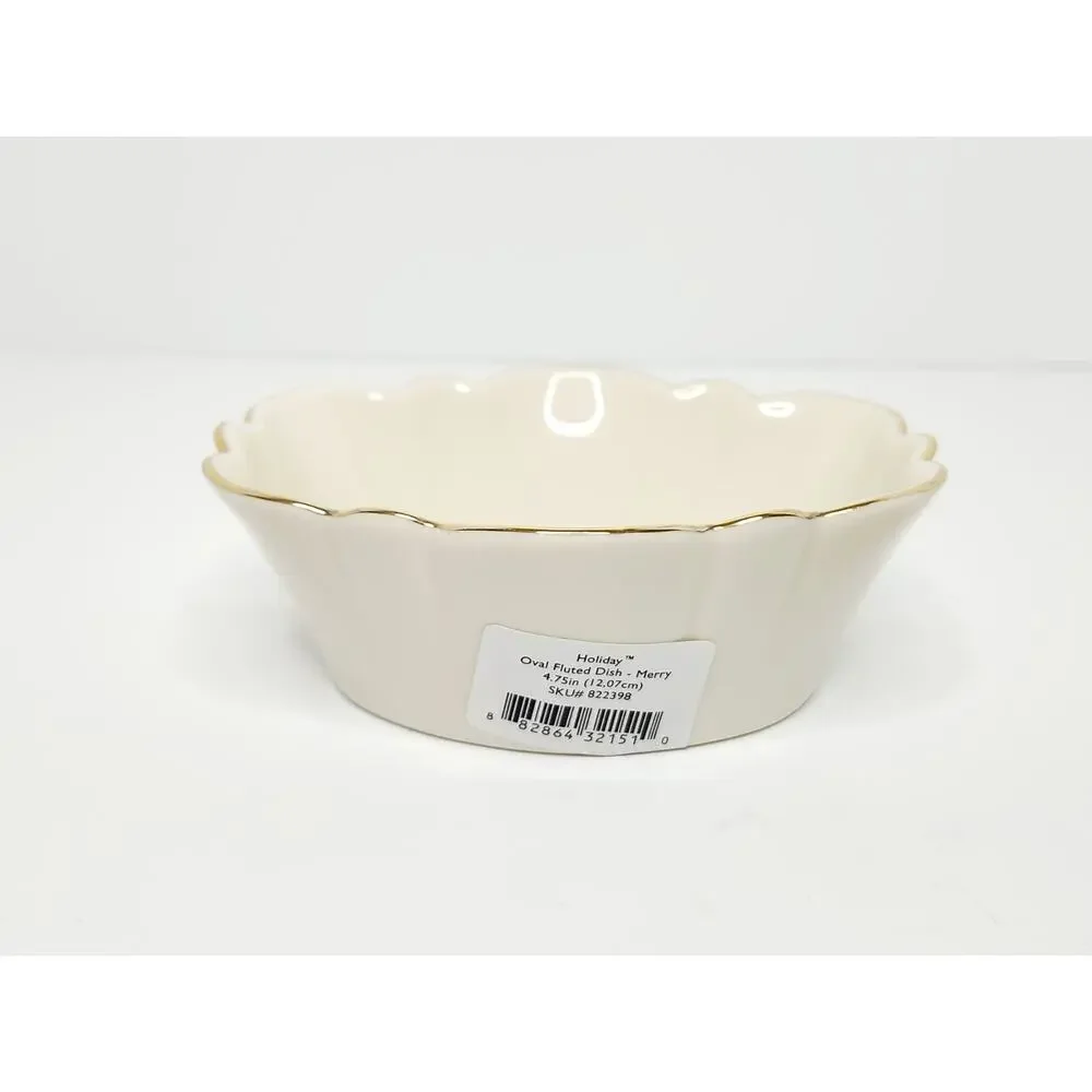 Lenox Holiday Merry Bowl Oval Fluted Dish Holly Christmas Candy Nut Dish